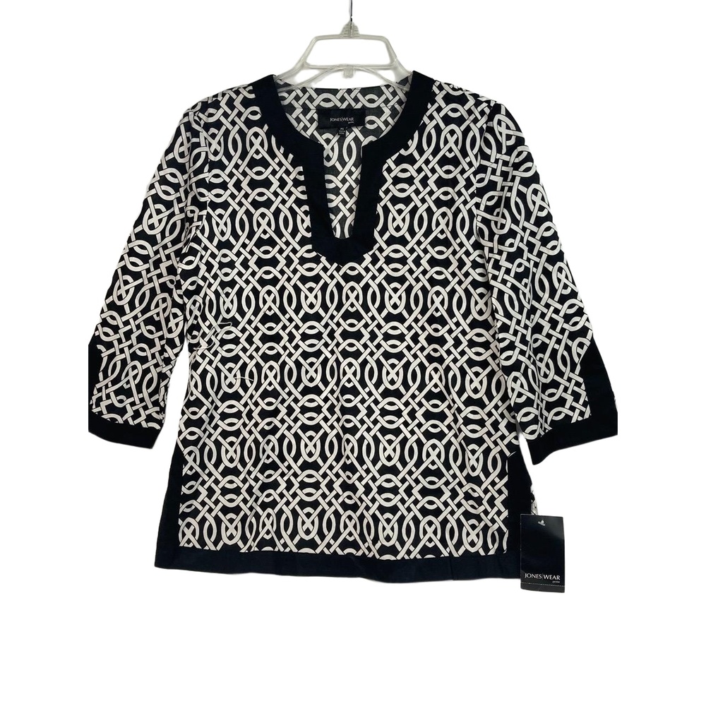 NWT Jones Wear Laguna Black White Split Neck Tunic Top Petite Small PS